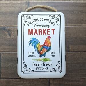 Rooster Farmers Market Enamel Metal Decor Sign Vintage Style Wall Hanging Decor